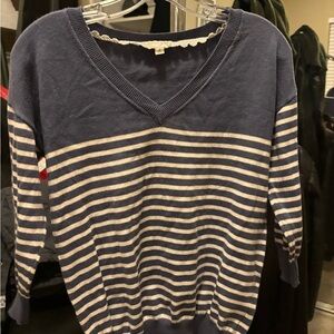 Maison Jules Women’s Small White/blue Striped V-neck Longsleeve Sweater NWOT